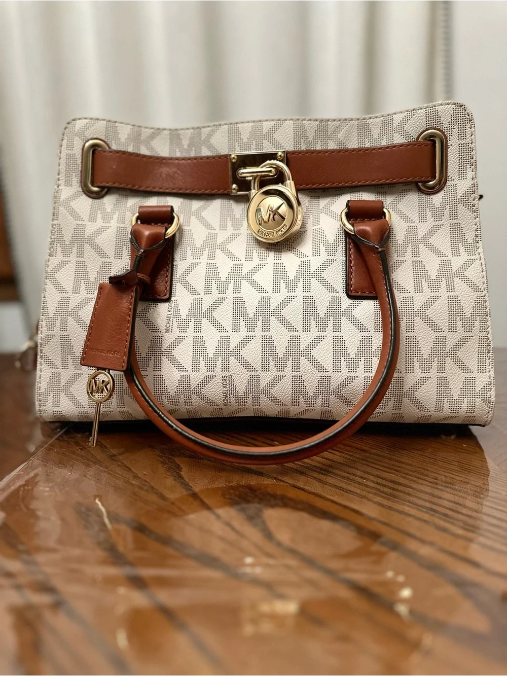 Michael Kors Cream Logo Satchel with Brown Leather Trim and Gold Hardware